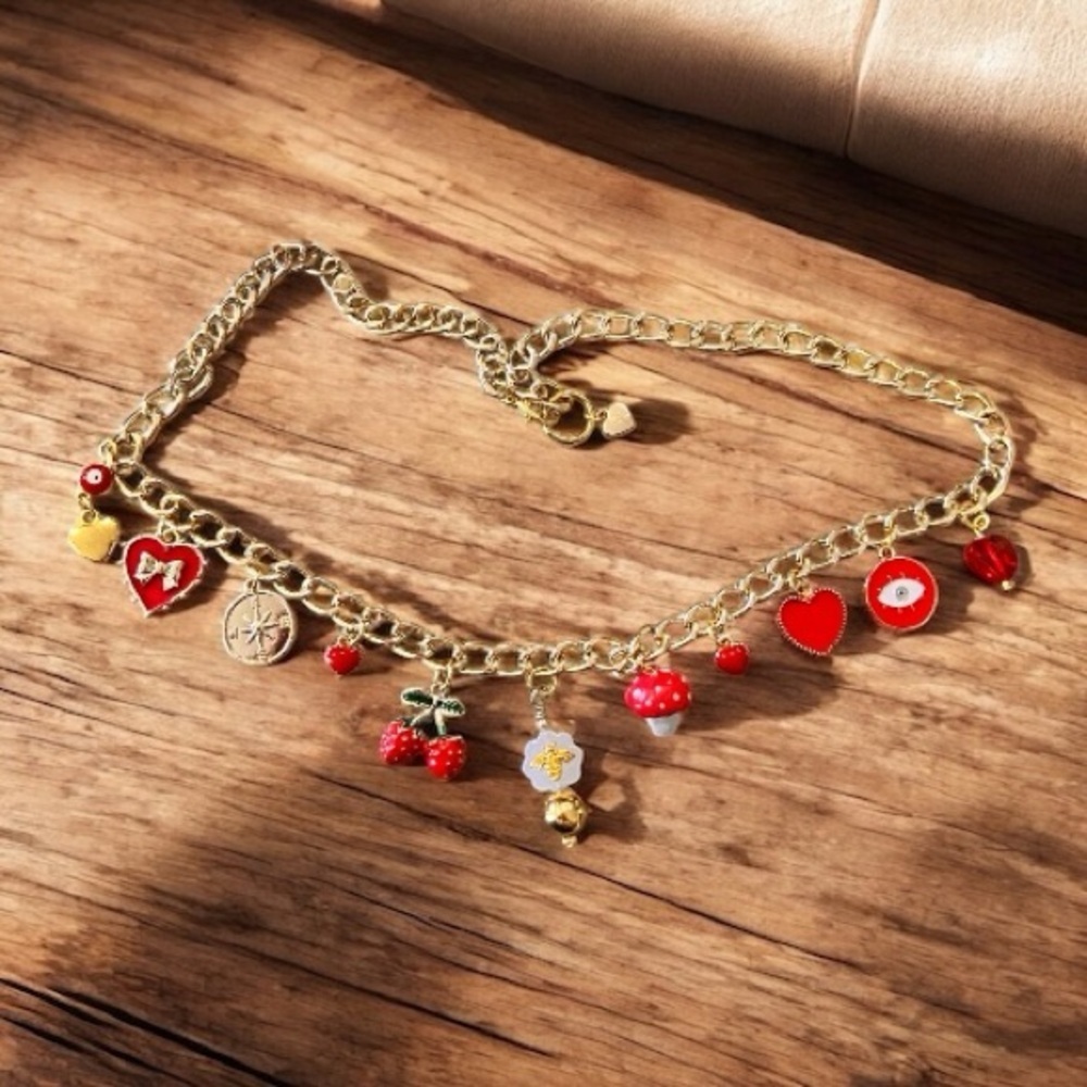 Gold Toned and Red Charm Necklace Enamel Glass Ceramic Crystal 20” - Picture 4 of 17